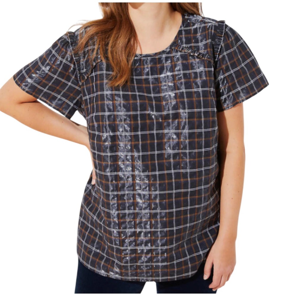 LOFT PLAID SHIMMER TOP Tiny Ruffle Trim SPARKLE SHINE! Navy Blue Tan White SZ L